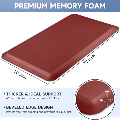Image of 4 /5 Inch Thick Kitchen Mats for Floor, StepRite Kitchen Rug for Standing Desk, Non-Slip, Thicker, Stain & Water Resistant, Comfort Anti Fatigue Floor Mat for Home, Kitchen, Office - Red,32 * 20''