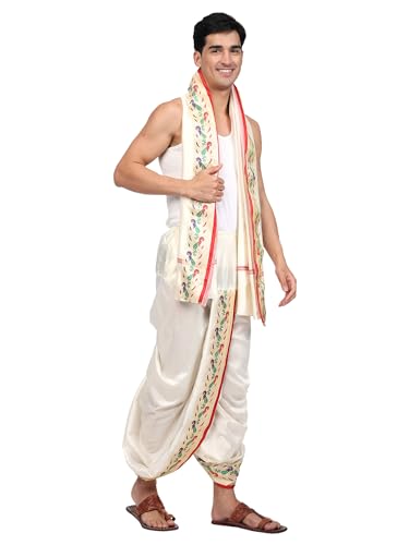 Image of Rameshwaram Fabrics Readymade Dhoti for Men, Velcro Style Stitched Mens Silk Dhoti Pant with Stole Set