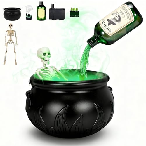 Halloween Decorations Indoor - Cauldron Halloween Decor with Magic Floating Potion Bottles and Diffuser Black Plastic Witches Bowl Party Decoration for Spooky Vintage Home Kitchen Table