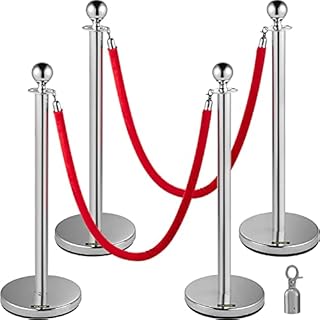 VEVOR 4PCS Stainless Steel Stanchion Posts Queue, 38In Red Velvet Ropes Silver, Rope Barriers Queue Line Crowd Control Barriers for Party Supplies