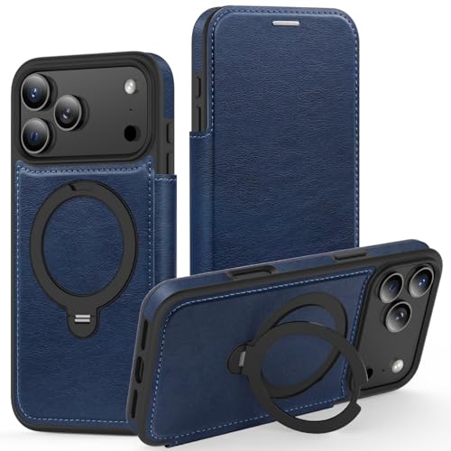 Étui en cuir PU iPhone 17 Pro Max magnétique housse antichoc RFID bleu support 360