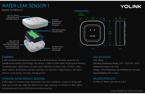Smart Leak Sensors 2 Pack, Yolink 1/4 Mile World's Longest Range Wireless Smart Water Leak Sensor Compatible With Alexa And Ifttt Leak Detector With App Alerts And Remote Monitor, Yolink Hub Included #TOP7