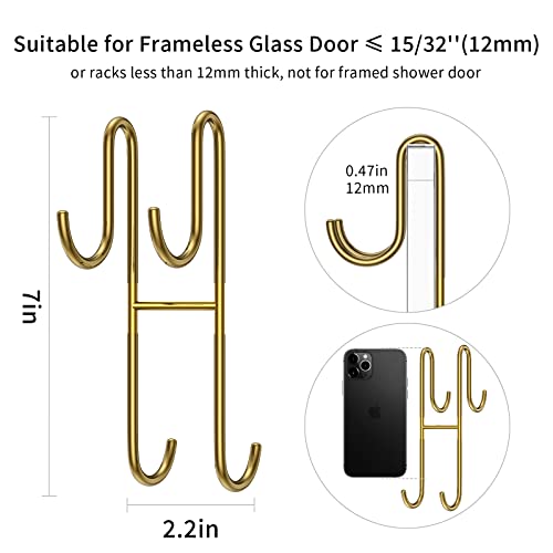 Over Shower Glass Door Hook, 2 Pack Gold Stainless Steel Extended Shower Door Hooks, Bathroom Frameless Drilling-Free Hanger, Double Side Towel Hooks, For Bathing Suits, Robe, Loofah, Shaver #TOP1