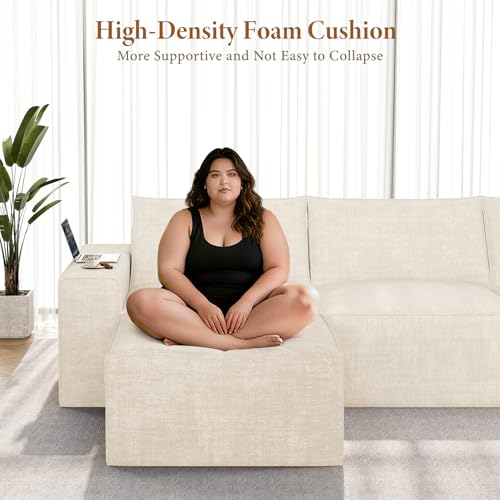 Image of Vesgantti 114 inch Boneless Modular Sectional Sofa, Modern 3 Seater Couch with Ottoman & Deep Seat, Convertible Chenille L Shaped Cloud Couches for Living Room, No Assembly Required, Beige