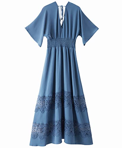Image of Olaesa Boho Maxi Dress V Neck Short Sleeve Lace Smocked Waist Flowy Dress | Wedding Guest Dress with Pockets, Summer Bohemian Vacation Dress, Elegant Party Dress for Family photo& Baby Shower