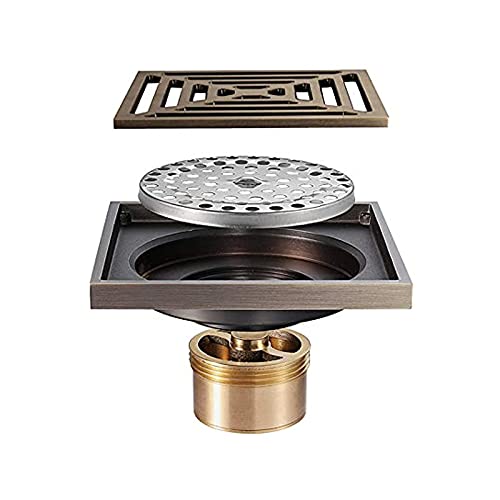 XHALERY Desagüe de Ducha de 4 Pulgadas, desagüe de Suelo de Bronce Antiguo, desagüe de Suelo de Ducha Cuadrado de latón con Rejilla de Cubierta extraíble, desagüe de residuos de Ducha de b