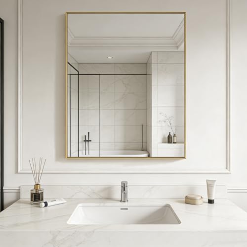 Image of Bathroom Mirror for Wall, 40x30 Inch Framed Vanity Mirror Brushed Gold