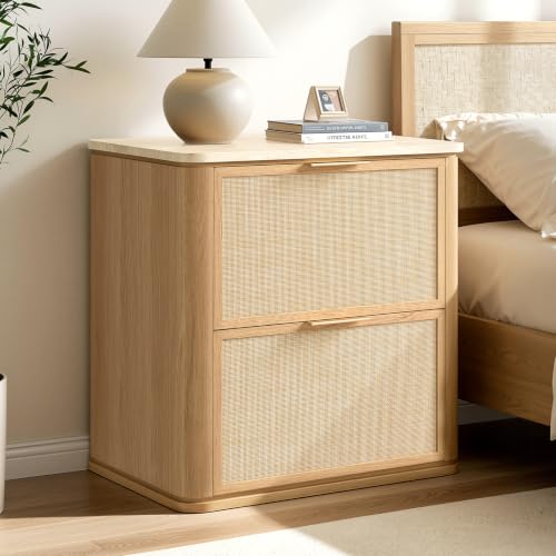 Image of Night Stand Set of 2, 23.11 inch W Rattan Nightstand with 2 Drawers, Faux Marble Top Bedside Table, Boho Mid Century End Table for Bedroom Living Room Sofa Office, Natural Oak [FSC Certified]