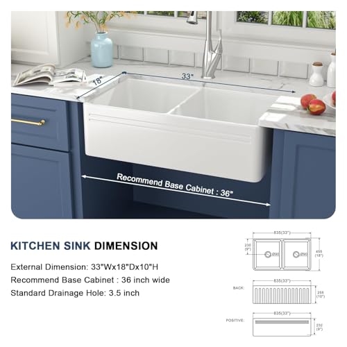 Lordear 33 White Double Bowl Kitchen Sink 33x18 Inch Farmhouse Kitchen Sink Double Bowl 50/50 White Fireclay Ceramic Porcelain Apron Front Farm Double Basin