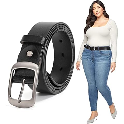 JASGOOD Plus Size Women Leather Belt Black Casual Waist Belt for Jeans Pants with Metal Pin Buckle(Black,Fit Waist Size 48''-52'') Cover