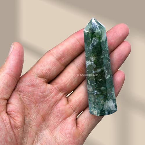Image of Crystal Heaven Certified Moss Agate Crystal Tower Obelisk Point For Chakra, Healing & Balancing-Aaa Grade Original Certified Gemstone Agate For Reiki Meditation Yoga Spiritual (3-4 Inches)