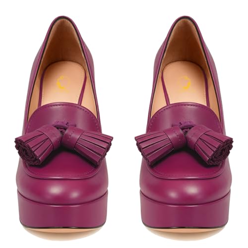 Image of SHODENSE Women Vintage Chunky Platform Loafers Pumps Tassel Round Closed Toe Slip On Suede Block High Heel Dress Loafer Shoes Buckle Strap Oxford Loafers Fringe Pump Dressy Chic Sexy Y2k 4-11 M US