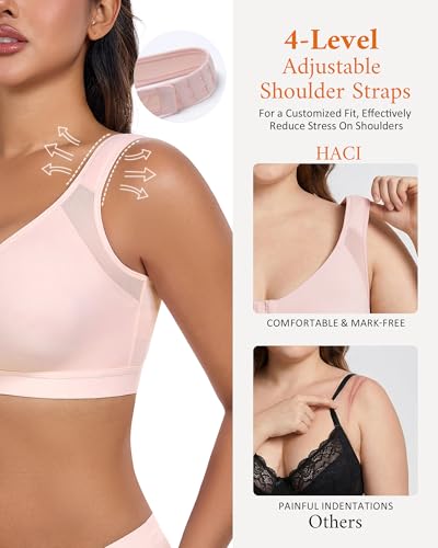 Image of HACI Women's Front Closure Posture Bra Full Coverage Back Support Wireless Comfy Unpadded(Pink,34C)