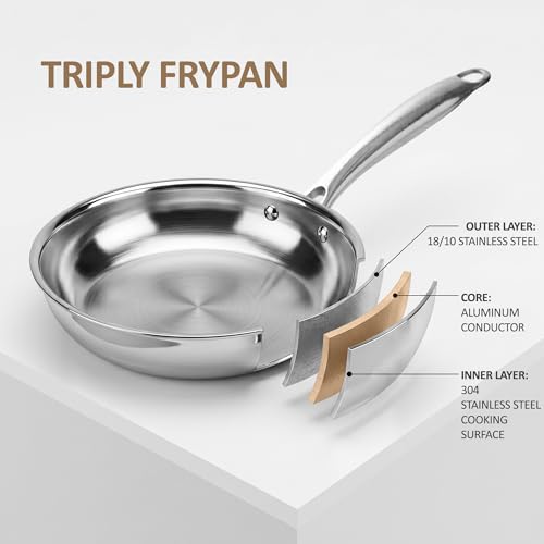 Image of SOLARA Triply Stainless Steel Fry Pan 24 cm, Tri-Ply Induction Compatible Frying Pan, Heavy Bottom Skillet, PFOA-Free, Gas & Induction Safe, Durable Kitchen Cookware