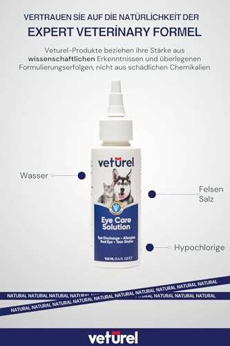 Veturel Augenpflege-Lösung für Katzen und Hunde | 100 ml Beruhigt Augeninfektionsallergie, lindert trockene Augen, rosa Augen, Tränenfleckenentferner Tropfen für Hunde | Kätzchen- und Welpenpflege