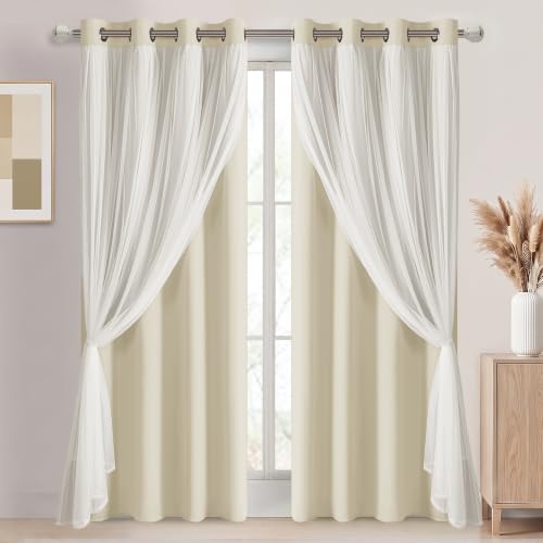 Image of DWCN Blackout Curtains with Sheer Overlay 84 Inch Long, Light Beige, 2PCS | Mix & Match Double Layer Window Panels for Bedroom Living Room Drape, Grommet Top, 52 inch Wx84 inch L