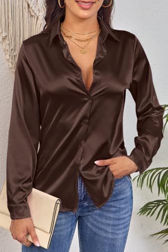 CBOO Womens Soft Satin Silk Button Down Shirt Long Sleeve Blouse Silky Smooth Subtle Shine Blouses Tops2