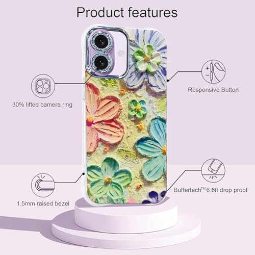 Image of Elzzi Compatible with iPhone 17 Case Oil Painting Flower Colorful with Lens Prtotection Shockproof PC+TPU Glossy Back Cover for Girls Women, Pink