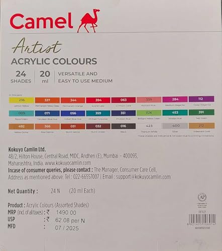 Image of Camel Artist Acrylic Colours 20ml, 24 Shades (Assorted Colour)