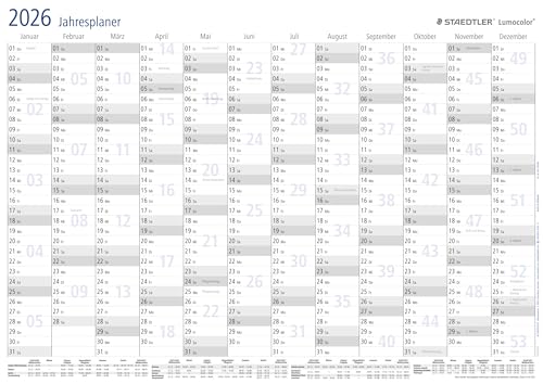 STAEDTLER Jahresplaner Lumocolor Set 2026 Wandkalender trocken abwischbar Größe DIN A3 incl. Stift und selbstklebender Stift-Klemme 641 YPA3DE