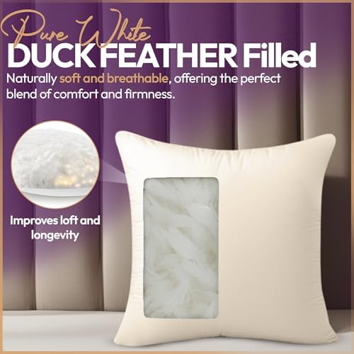 adsin White Duck Feather Cushion Inserts 1 Pack 24" x 24" (60cm x 60cm), Feather Cushions, 100% Down Proof Cotton Cover, Machine Washable Square Cushion - Pack of 1