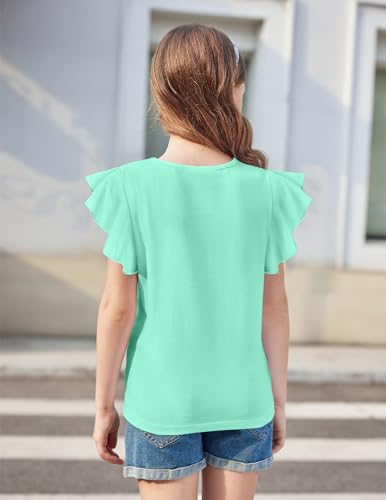 Image of Arshiner Girls Shirts Short Sleeve Tee Ruffle Solid Summer Keyhole Neck Cotton Blouse Tops