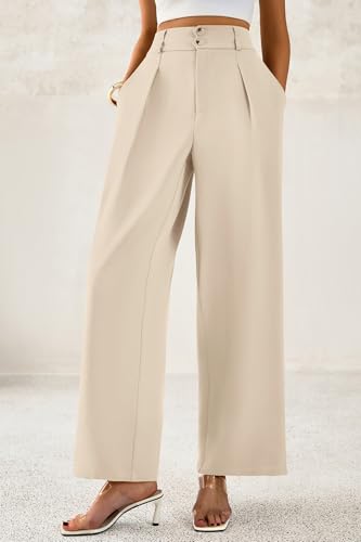 Image of CFLONGE Women Wide Leg Dress Pants High Waist Work Trousers Button Pleated Slacks Palazzo Pants Business Casual Outfits