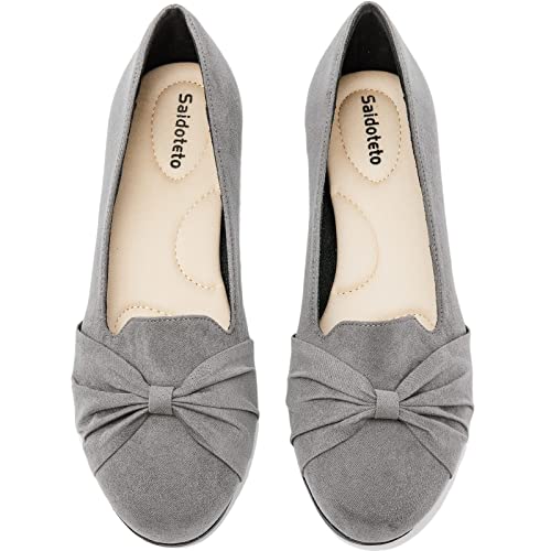 Saidoteto Women's Ballet Flats, Comfortable Round Toe Slip On Classic Suede Office Dress Shoes for Work. Grey Size 6