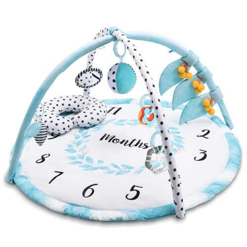 Image of Lupantte Baby Play Gym Activity Mat, Baby Monthly Milestone Gym as Photo Background with 8 Sensory Toys + 1 Neck Cushion Play Gym for Baby's Multiple Development Gift for Baby to Toddler