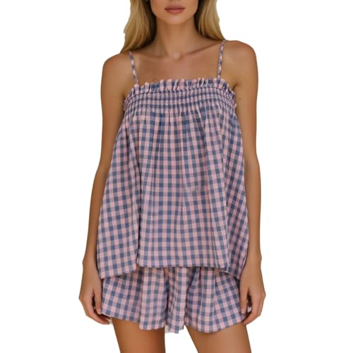 Awoscut Women Gingham Set 2 Piece Outfits Lounge Set Flowy Peplum Babydoll Cami Top and Wide Leg Shorts Summer Beachwear (Purple/blue S)