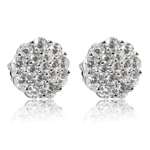 Flower Cluster White Gold Plated 925 Sterling Silver Large Men’s Women's Iced CZ Round Honey Comb Set Hypoallergenic Circle Hip Hop Trendy Fashion Big Cubic Zirconia Stud Screw Back Earrings