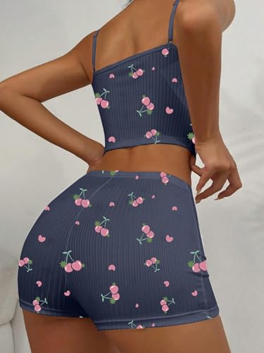 Image of Hilinker Womens Graphic 2 Piece Pajama Set Summer Cute Crop Cami and Shorts Ribbed Lounge Sets