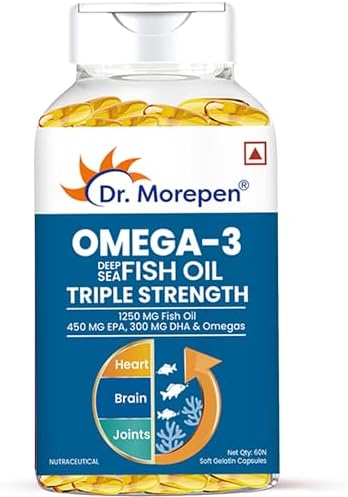 Dr. Morepen Omega-3 Fish Oil | 1250mg Triple Strength Fish Oil Softgel Capsules (450mg EPA & 300mg DHA) | For Joint & Heart Health (60 Capsules)