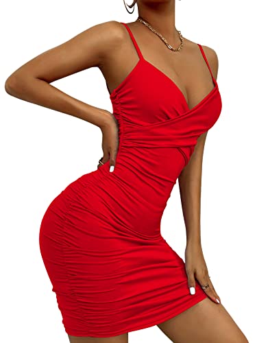 SEAUR Vestido Bodycon sexy de espaguetis corto apretado mini vestido negro con cuello en V cami vestidos de verano vestido de fiesta vestido de noche XS-L, rojo, S Cover