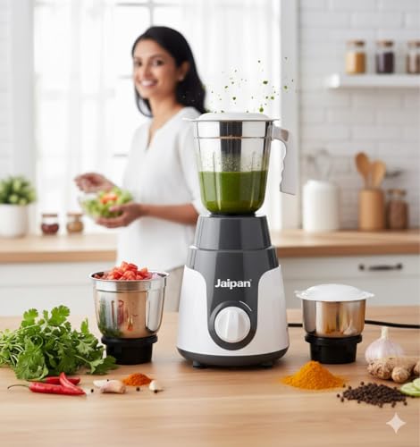 Image of Jaipan Mega Star 550 Watts Mixer Grinder for Kitchen | 3 Stainless Steel Jars for Liquidizing, Wet Grinding & Chutney | 3 Speed with Pulse | Leak-Proof Design | 1 Year Warranty | Blue