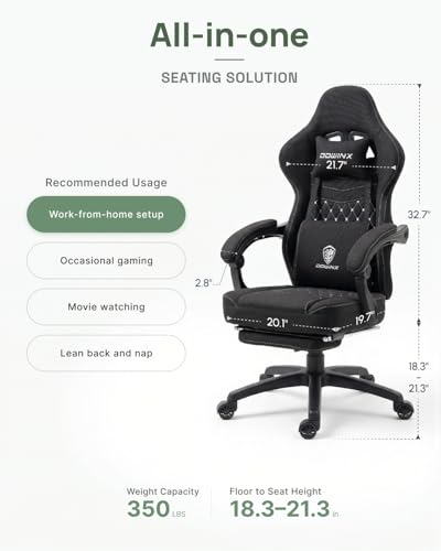 Image of Dowinx Gaming Chair Breathable Fabric Game Chair with Gel Pad and Storage Bag, Comfortable Gamer Chair with Pocket Spring Cushion, Ergonomic Computer Chair with Footrest, Black