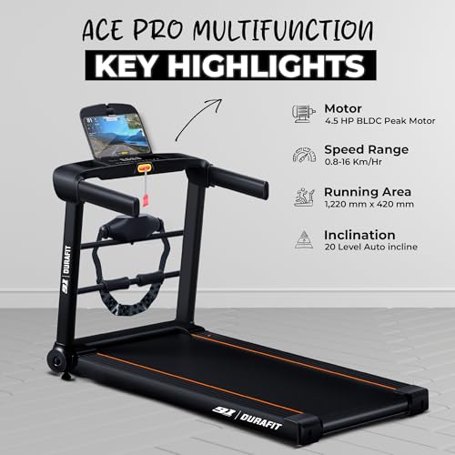 Image of Durafit91 Ace Pro Multifunction 4.5 HP Peak BLDC Motorized Treadmill | 20 Level Auto Incline| 16 Km /Hr Max Speed | 120 Kg Max User Weight | Home use Black