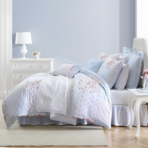 Image of Laura Ashley - Comforter Set, Super Soft Bedding with Matching Shams, Includes Bonus Throw Pillow Covers, Coquette Room Decor (Hope Patchwork Blue, King)