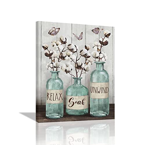 remzoke Farmhouse Bathroom Decor Wall Art Rustic Cotton Teal Jar Pictures for Country Canvas Prints Relax Soak Unwind Signs Painting Modern Artwork Home Decoration for Bathroom 12"x16"