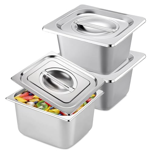 Lot De 3 Bac Inox Alimentaire, Plat Inox Avec Couvercle, GN 1/6 récipient, Bac Rectangulaire Inox, Bac Gastro Inox, Poêle À Vapeur Empilable Pour Escalopes,...