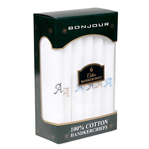 Image of Bonjour Men's White Cotton Handkerchief With Alphabet (A to Z) Initial (Pack of 6)