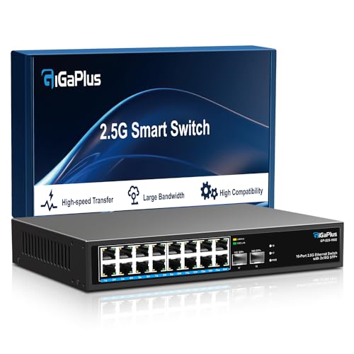 Image of 18 Port 2.5Gb Unmanaged Ethernet Switch with 16* 2.5G Base-T Ports, 2* 10G SFP+ Ports. GiGaPlus 2.5Gbps Network Switch for 2.5Gbps NAS /PC, Wireless AP, WiFi6 Router. Plug and Play, Fanless Design.