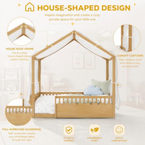 Image of Bellemave Twin House BedFrame with Canopy, Montessori House Bed with LED and Bookshelf and Rails for Kids, Natural
