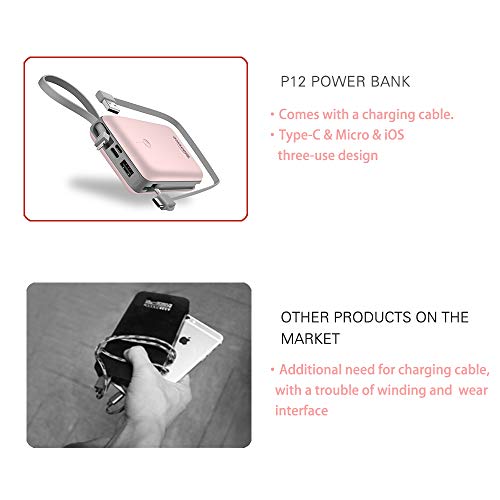 Power Bank Topmate 10000mAh Portable Charger with Built-in Type-C Micro & iOS Cable as Lanyard | Artifice Design for Cellphone and Pad etc. |Pink