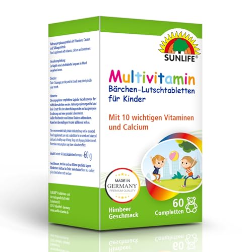 SUNLIFE Multivitamin Kinder Bärchen 60 Lutschtabletten 1 x 60 Stück - Multi Vitamin Kinder mit Himbeer-Geschmack - gluten- & zuckerfrei - Kinder Multivitamin Tabletten mit 10 Vitaminen & Calcium