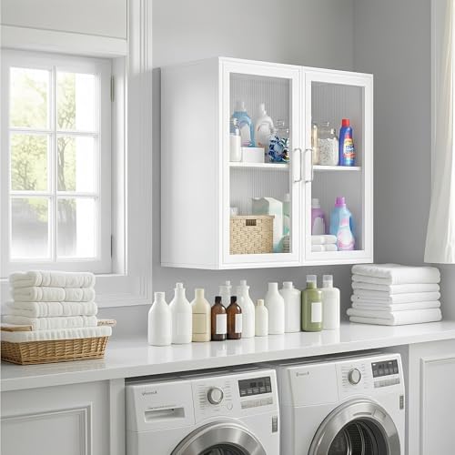 Furnivio 24” W Bathroom Wall Cabinet with Acrylic Glass Doors, Display Cabinet, Kitchen Wall Cabinets with Adjustable Shelf, Laundry Room Wall Mounted Cabinet, Medicine Wall Cabinet with Light (White)