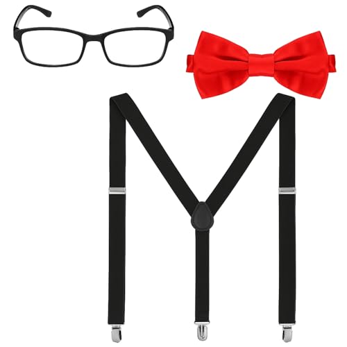 SATINIOR Halloween Nerd Costume Kit For Men with Frame Glasses Classic Suspender and Bowtie for Adults Cosplay Novelty Party (Black and Red Solid Color Style)