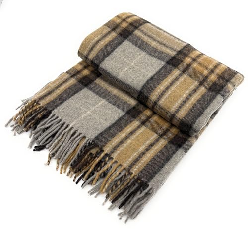 Luxurious Soft Wool Blanket - 70x60 inches Large Blanket - Scottish Tartan, Checkered, Lightweight, Indoor, Winter Warm, Travel Blanket, Bed and Sofa, Picnic Rug Mackellar Natural Tartan