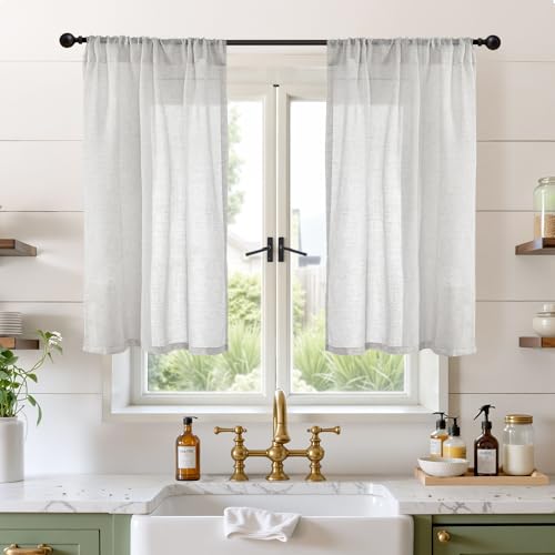 Image of BGment Small Linen Curtains 40 Inch Length for Short Window - Light Grey Semi Sheer Drapes with Rod Pocket Light Filtering for Cafe Kitchen Bedroom Lightweight, 2 Panels Set, 30 X 40 Inch