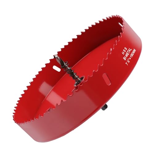 7.5 Inch / 190mm Hole Saw Red with Arbor and Pilot Drill Bit, Bi-Metal Hole Cutter for Fiberboard, Wood, Drywall, Plastic, Soft Metal Sheet, PVC Board and Cornhole Boards Drilling